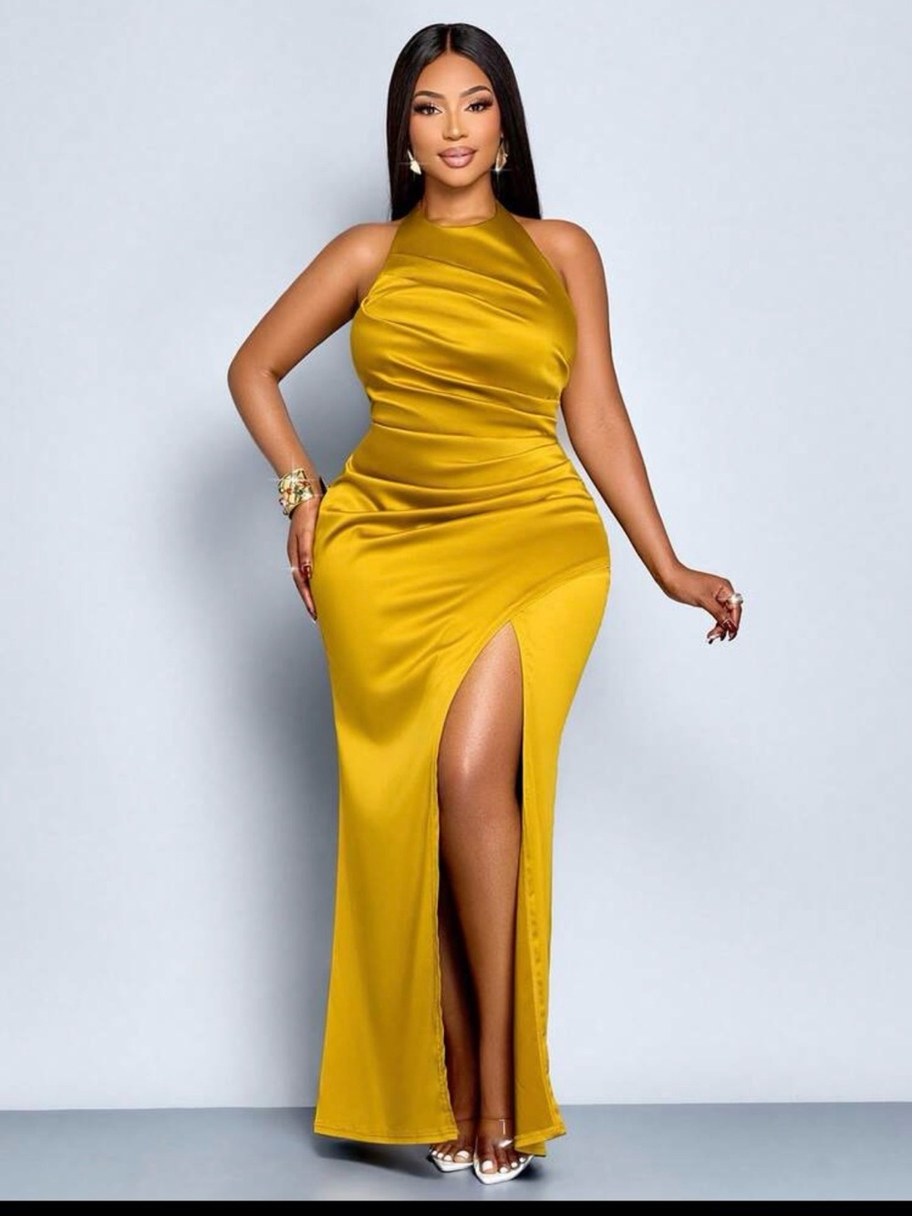 Satin Halter Maxi Dress with High Slit - Mustard Yellow